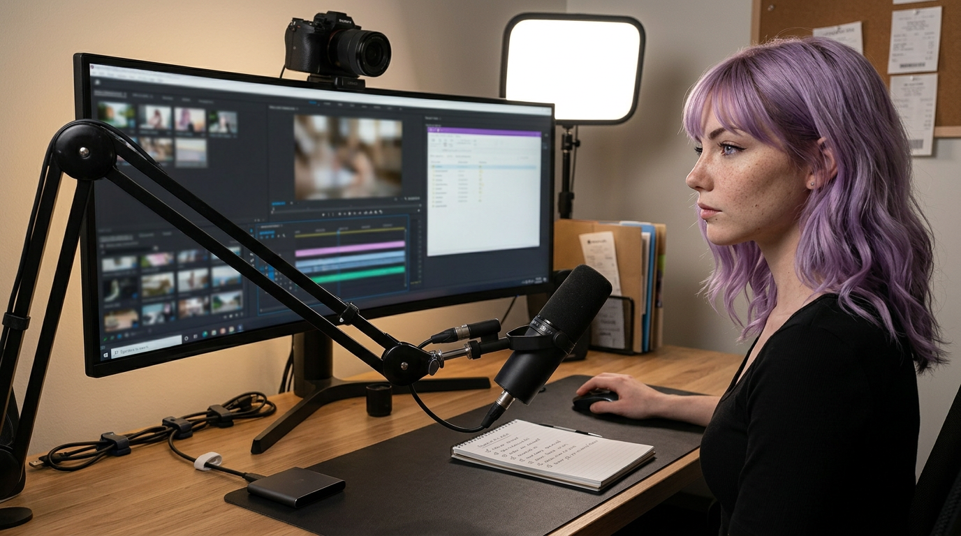 Creator desk with microphone, camera, editing monitor, checklist, and organized side-hustle workflow