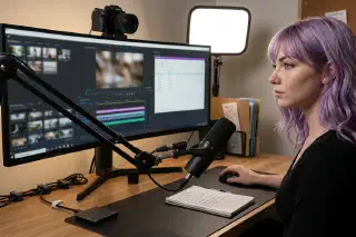 Creator desk with microphone, camera, editing monitor, checklist, and organized side-hustle workflow