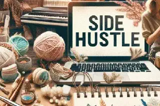 Hands crafting jewelry in front of a laptop reading SIDE HUSTLE, surrounded by instruments, yarn, and creators