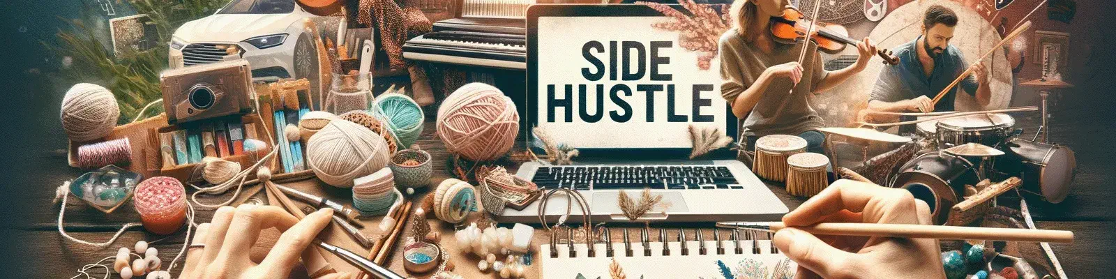 Hands crafting jewelry in front of a laptop reading SIDE HUSTLE, surrounded by instruments, yarn, and creators