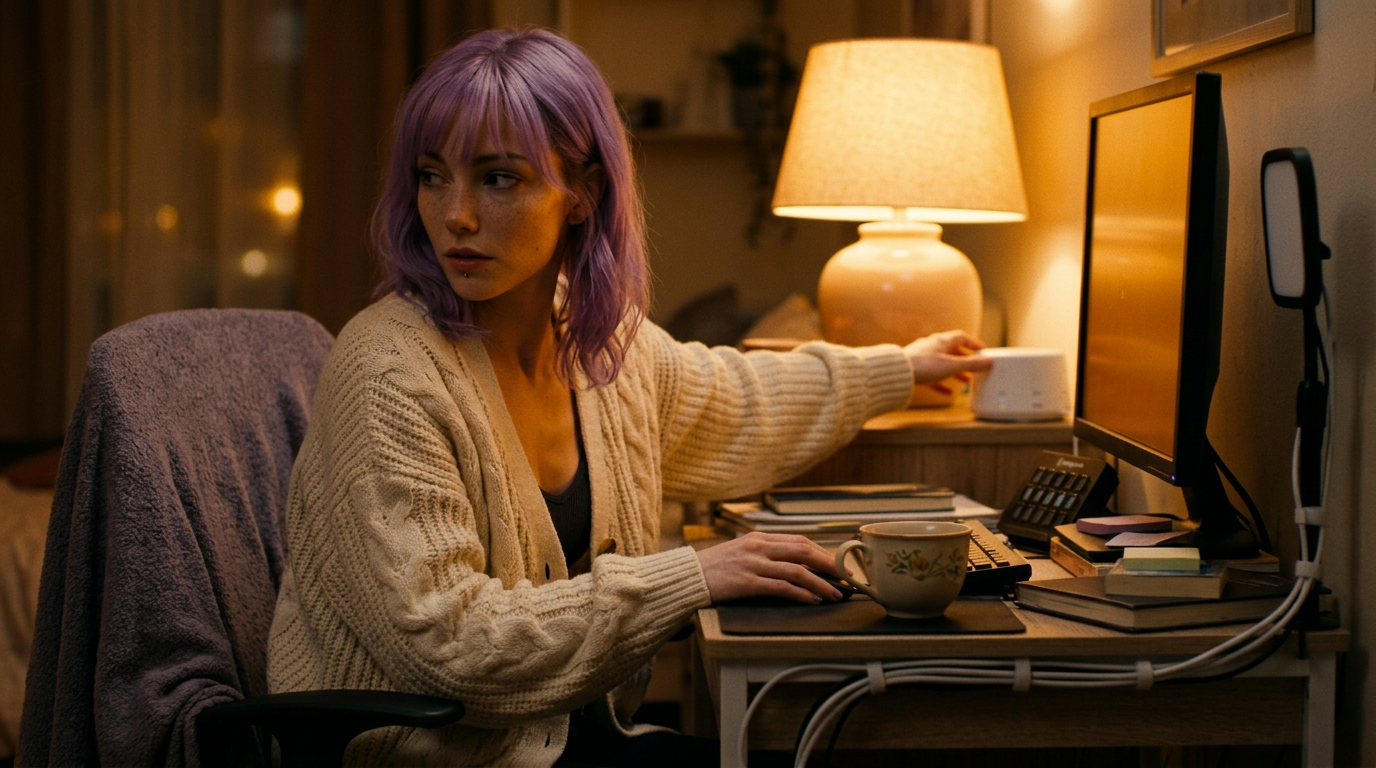 Mira reaching for a white noise machine on her nightstand as her desk monitor dims to amber and the key light sits powered off