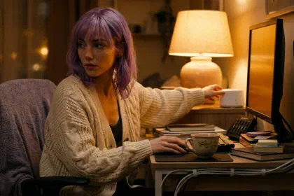 Mira reaching for a white noise machine on her nightstand as her desk monitor dims to amber and the key light sits powered off