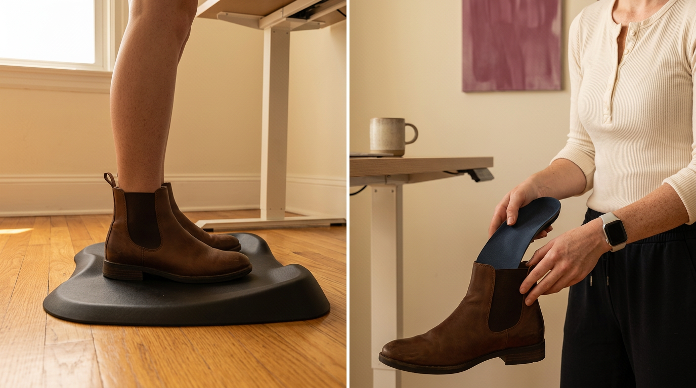 Split composition: boots on a contoured anti-fatigue mat on the left, hands holding an orthotic insole over a boot on the right