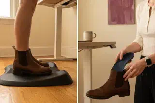 Split composition: boots on a contoured anti-fatigue mat on the left, hands holding an orthotic insole over a boot on the right