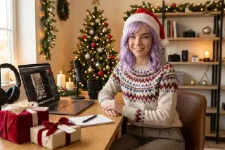 Mira in a Santa hat at a festive creator desk with wrapped gifts and warm Christmas lights