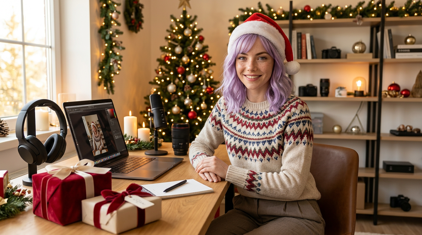 Mira in a Santa hat at a festive creator desk with wrapped gifts and warm Christmas lights