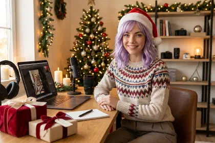 Mira in a Santa hat at a festive creator desk with wrapped gifts and warm Christmas lights