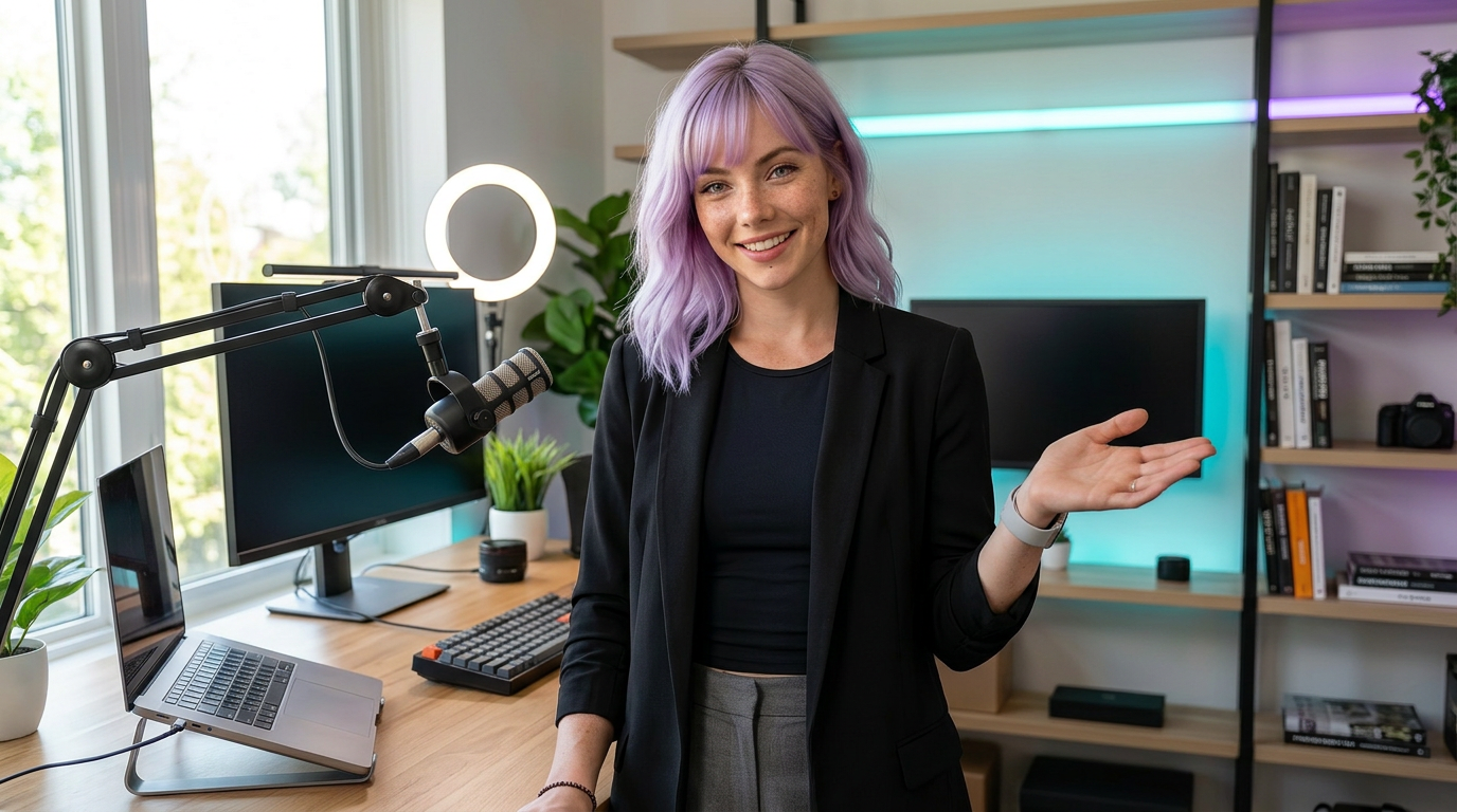 Mira welcoming visitors into her modern creator workspace
