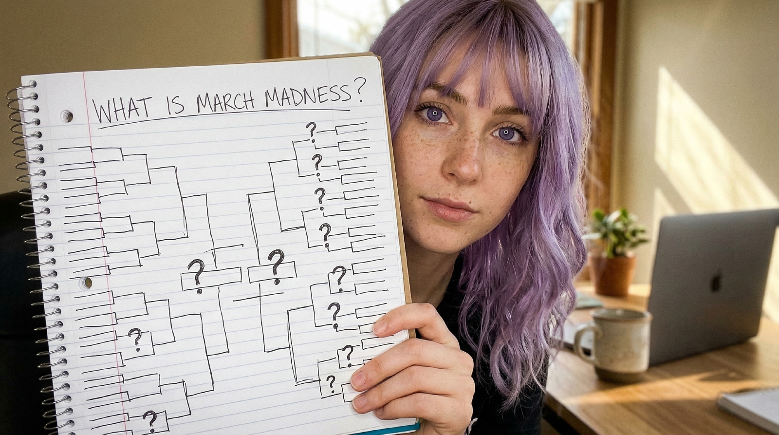 Close-up of an orange basketball with teal seams on a warm background