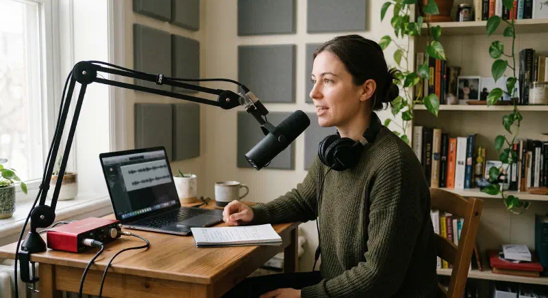 Correct podcast microphone placement in a small room, with the mic positioned close and slightly off-axis beside a compact desk.
