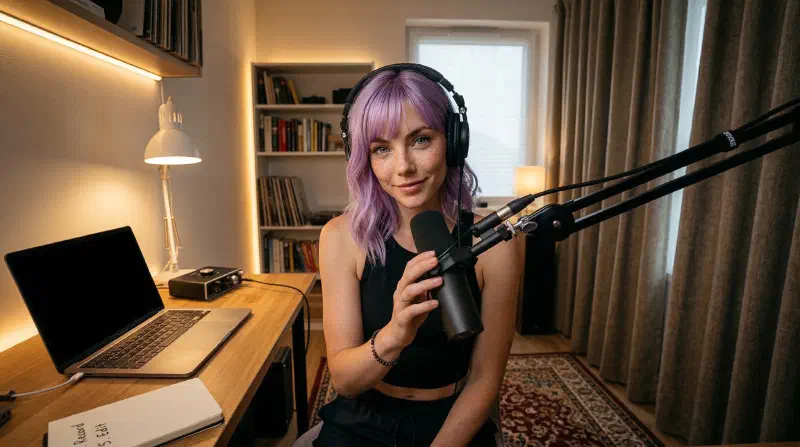 Small-room podcast setup with a dynamic mic on a boom arm, laptop, notebook, and warm apartment lighting.