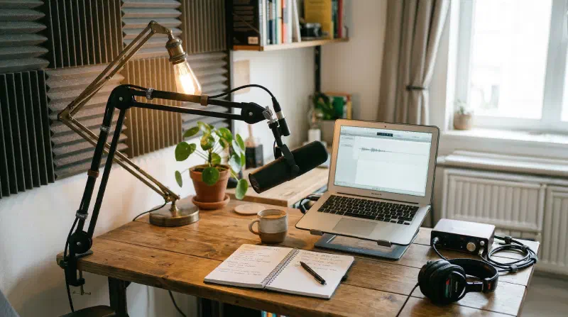 Compact small-room podcast desk with a boom-arm microphone, laptop, headphones, warm desk lamp, and tidy cable management.