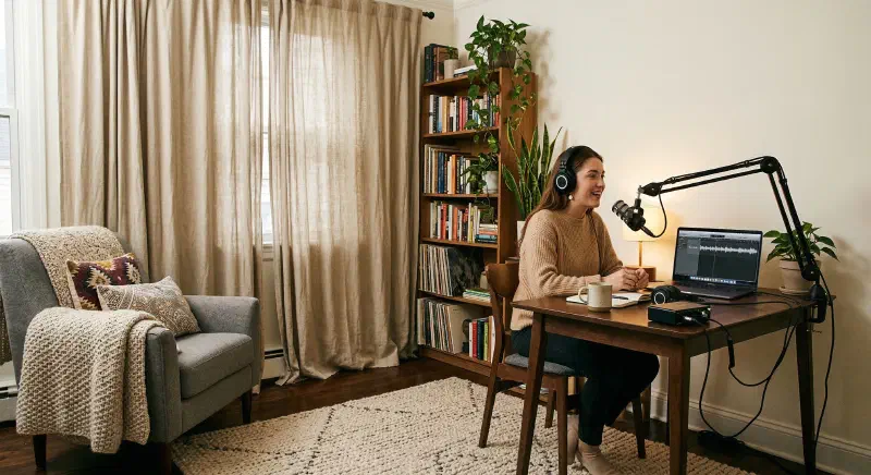 Renter-friendly echo control in a small-room podcast setup with curtains, a rug, bookshelf, and a boom-arm microphone.