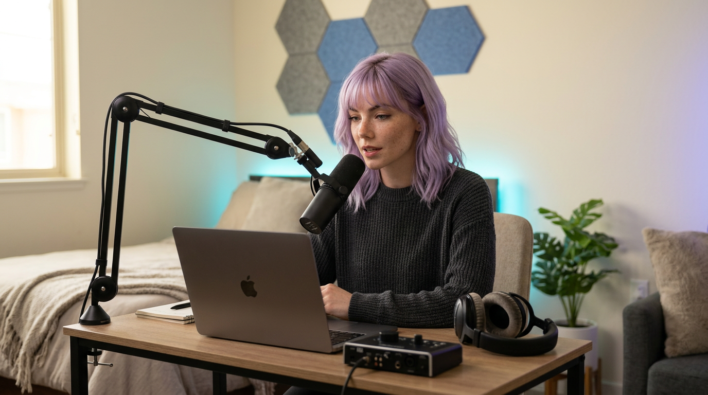 Mira at a small apartment desk speaking into a dynamic microphone on a boom arm