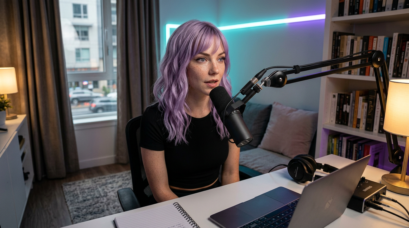 Mira speaking into a dynamic microphone on a boom arm at a compact desk