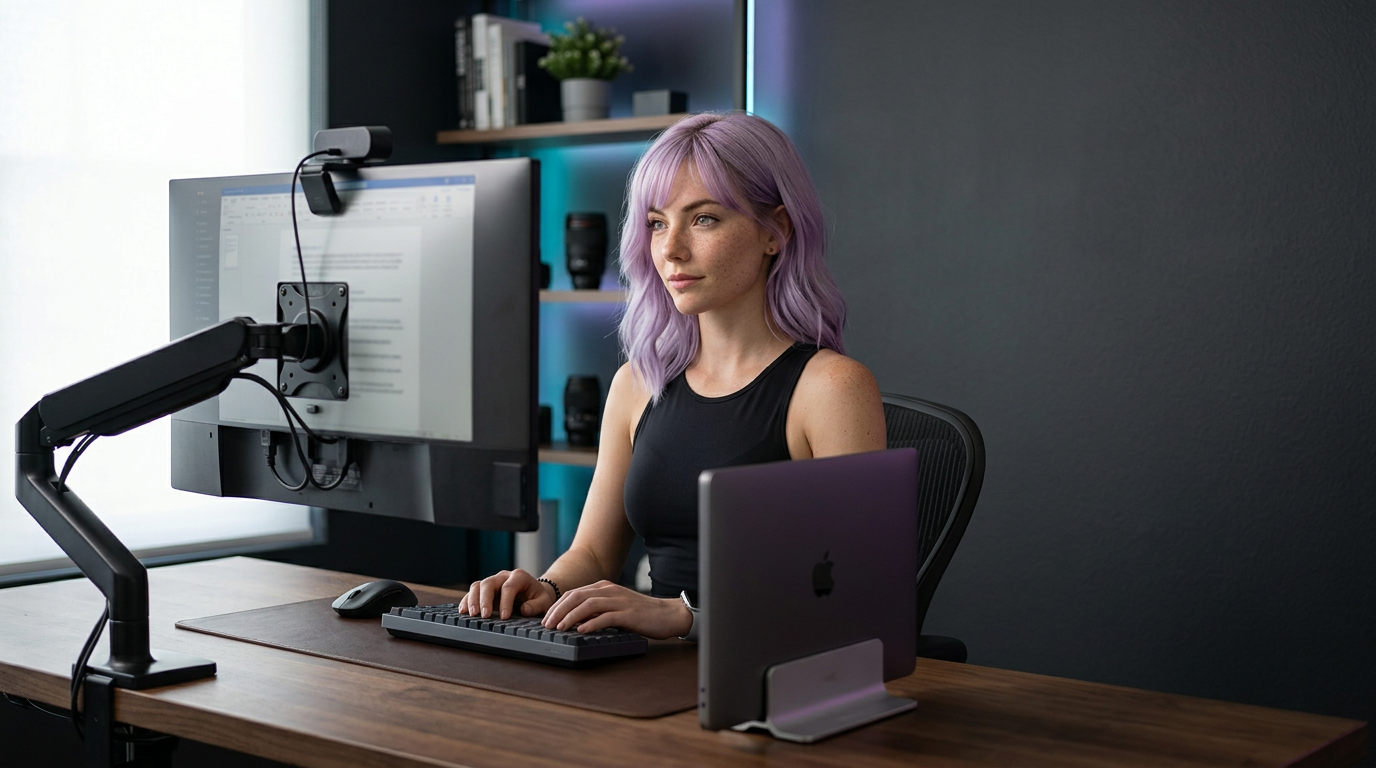 Mira at a docked laptop workstation with an external monitor and monitor-mounted webcam