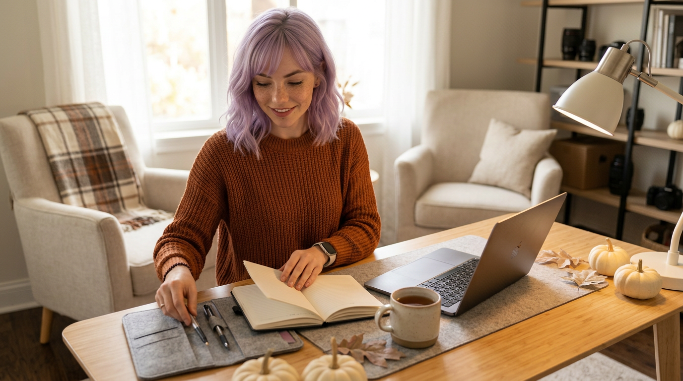 Mira at a calm autumn desk setup with notebook, laptop, and cozy ergonomic workspace details