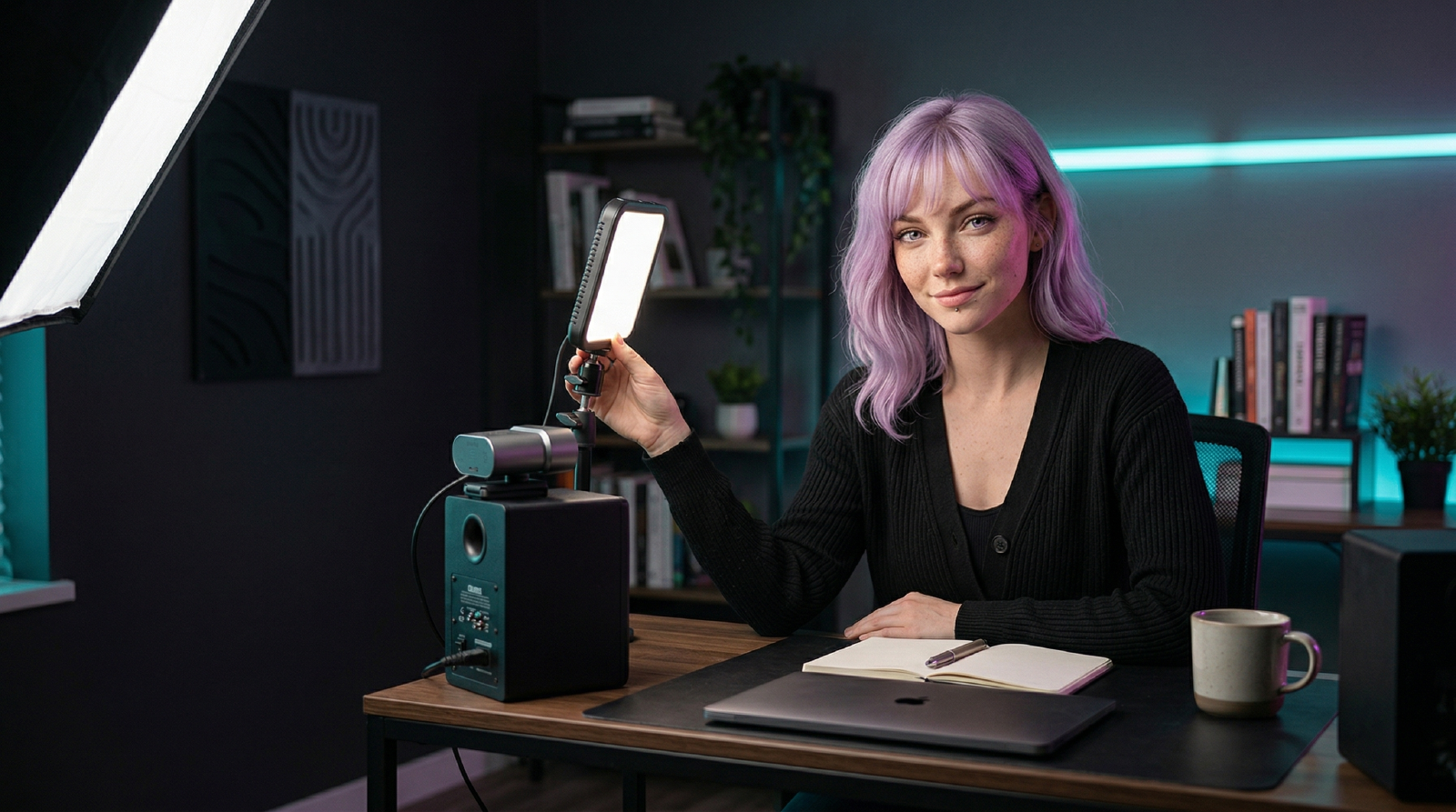 Mira at a desk with a compact soft light in a dark home office