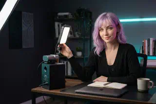 Mira at a desk with a compact soft light in a dark home office