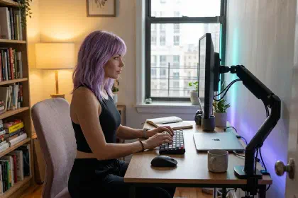 Mira at a compact desk using a monitor arm to free up workspace
