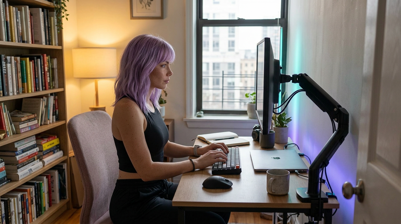 Mira at a compact desk using a monitor arm to free up workspace