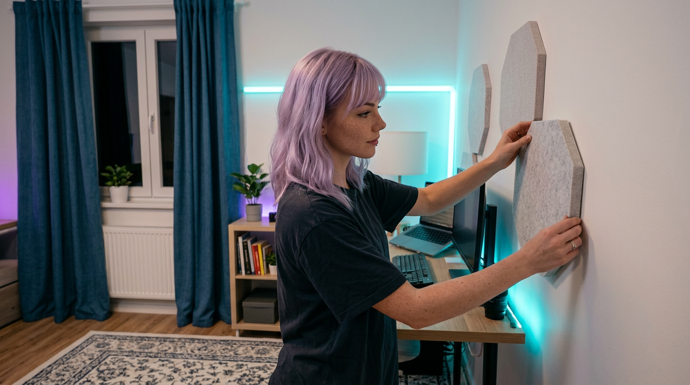 Mira adding simple acoustic panels in a small apartment workspace