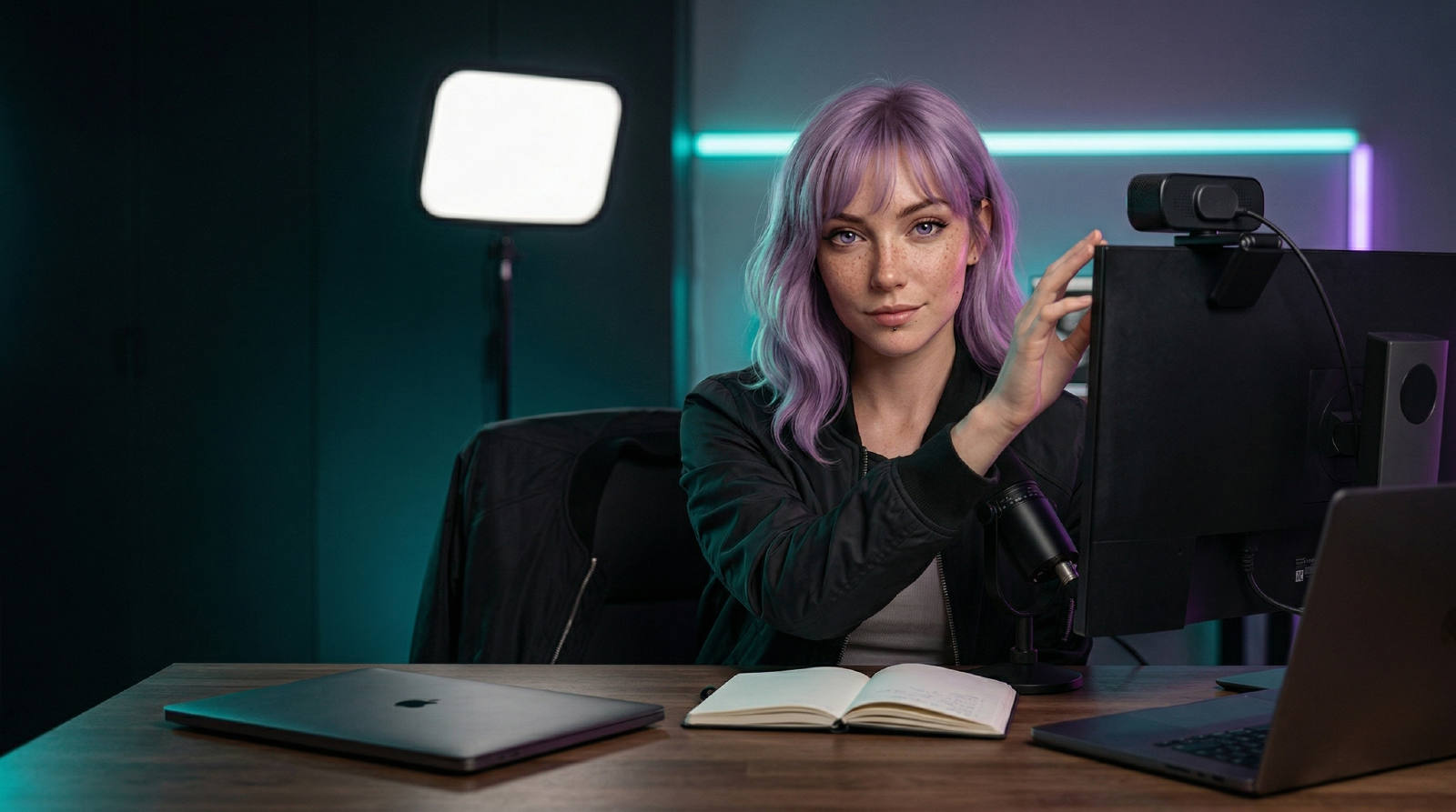 Mira comparing a phone and compact camera at a creator desk with soft lighting