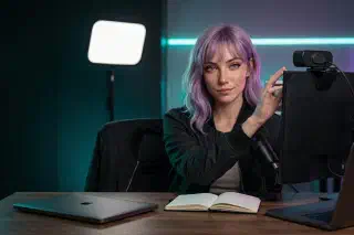 Mira recording a scripted YouTube segment from a clean creator desk