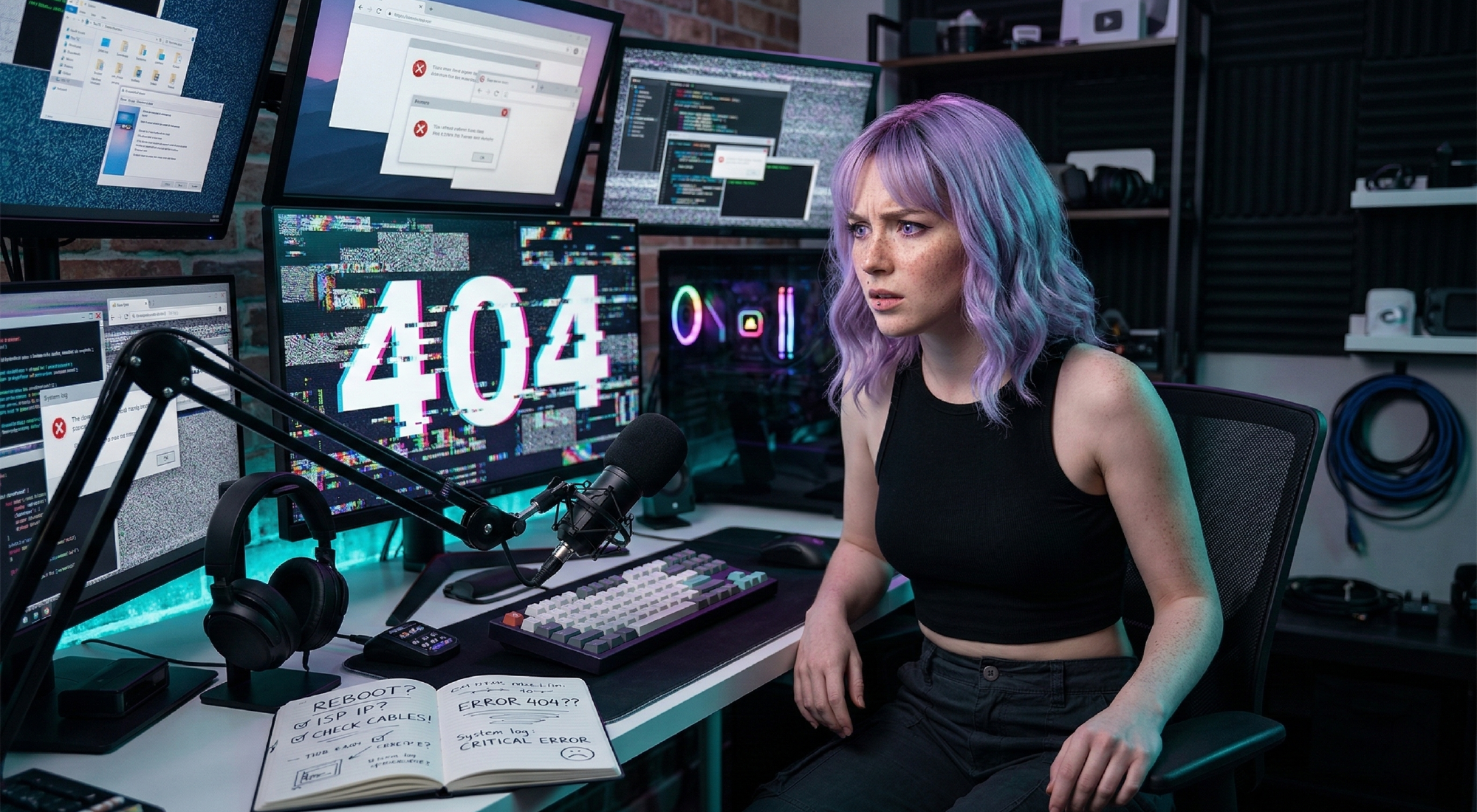 Mira at a neon studio desk wondering where the page went