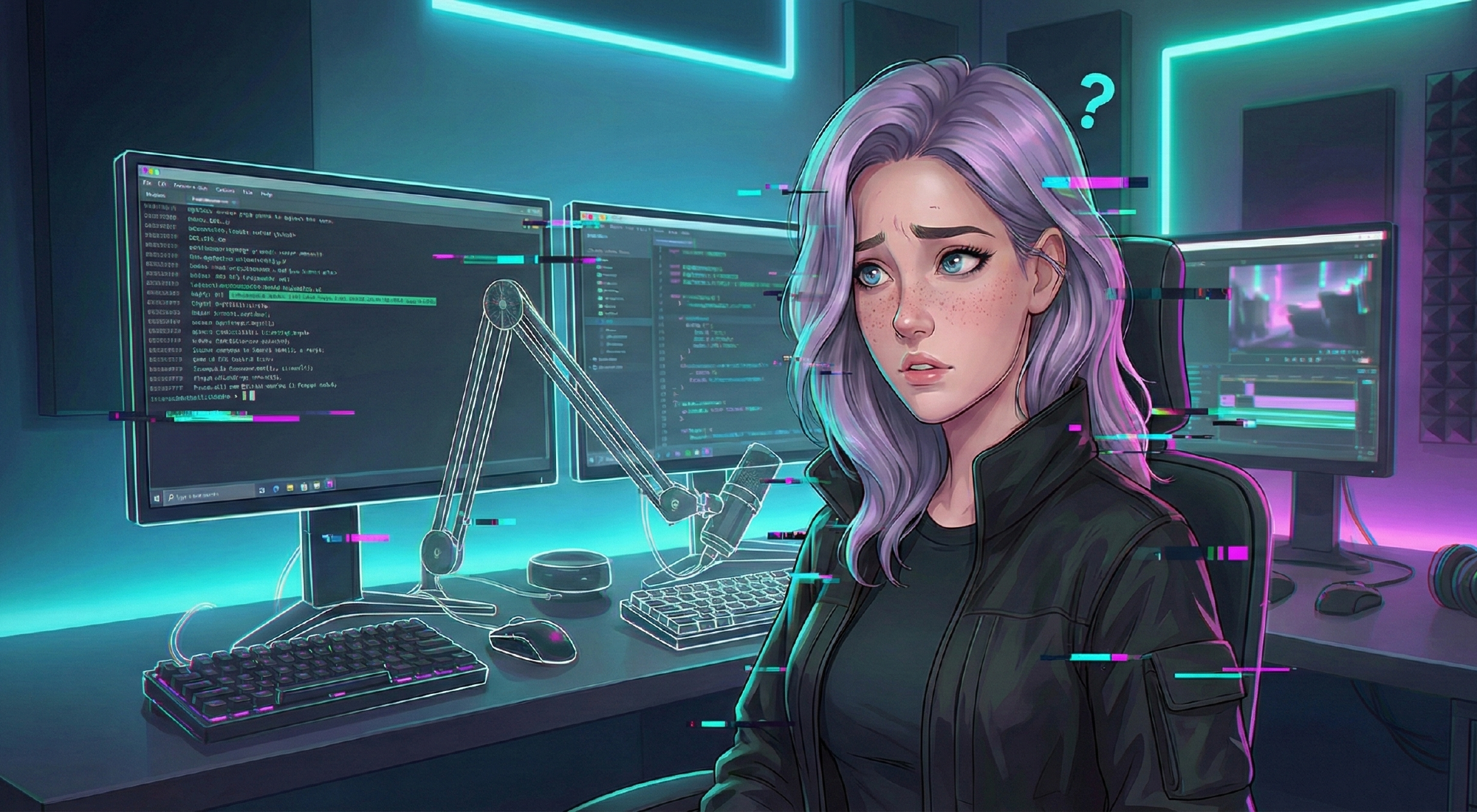 Mira at a neon studio desk wondering where the page went