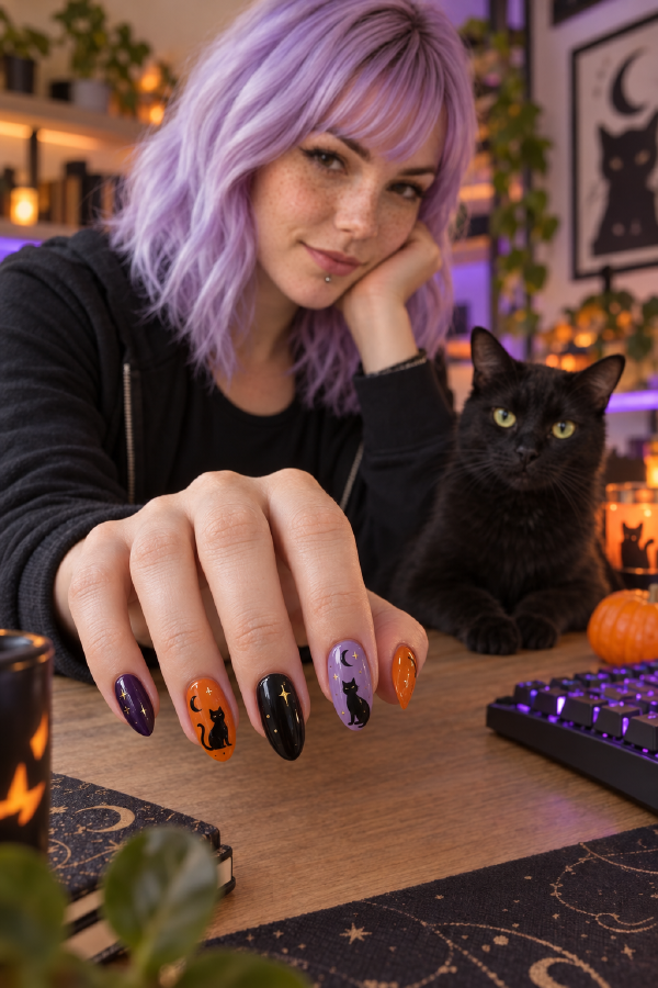 Mira with purple hair and black-cat Halloween nails at a desk lit by purple and warm orange light, a black cat and a small pumpkin beside a backlit keyboard