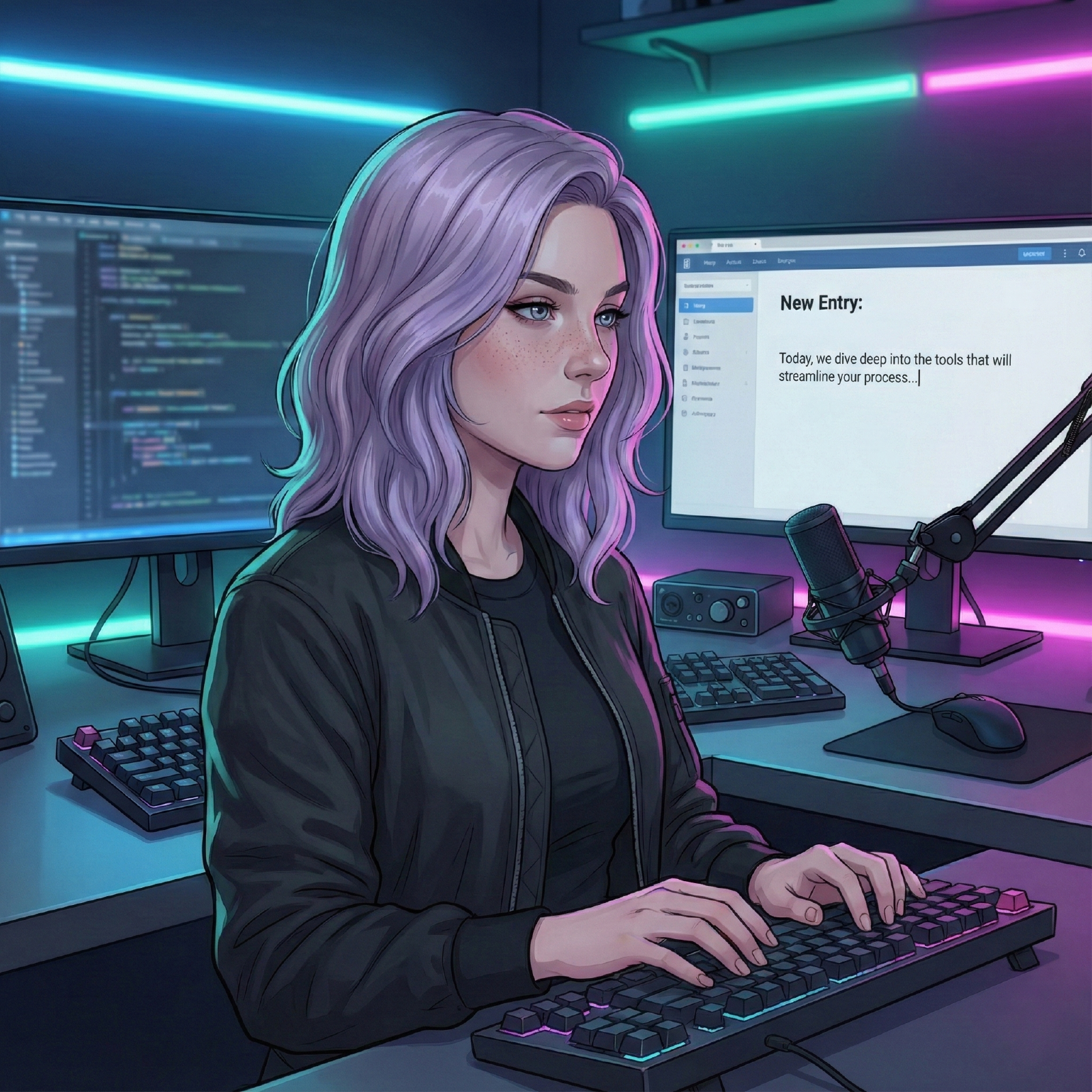 Mira Helix typing a new blog entry in a neon studio